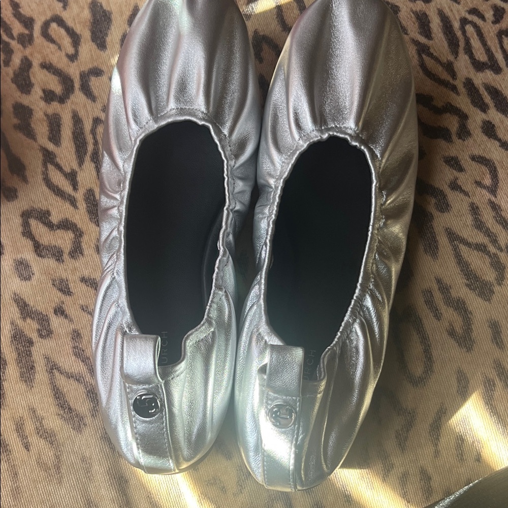 Tory Burch Metallic Silver Gathered Ballet Flats